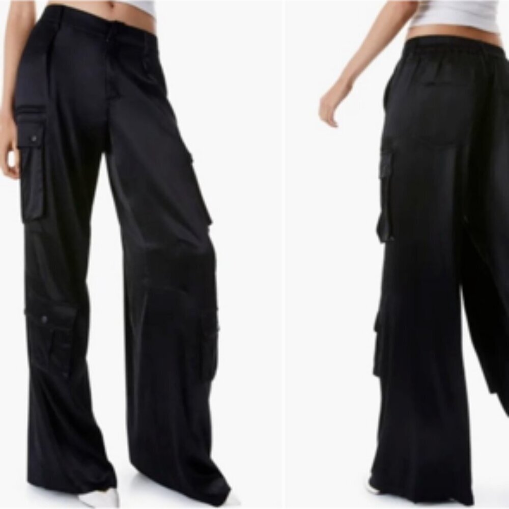 Alice & Olivia Joette Satin Slouchy Cargo Pants Wide Leg Relaxed Black Size 2